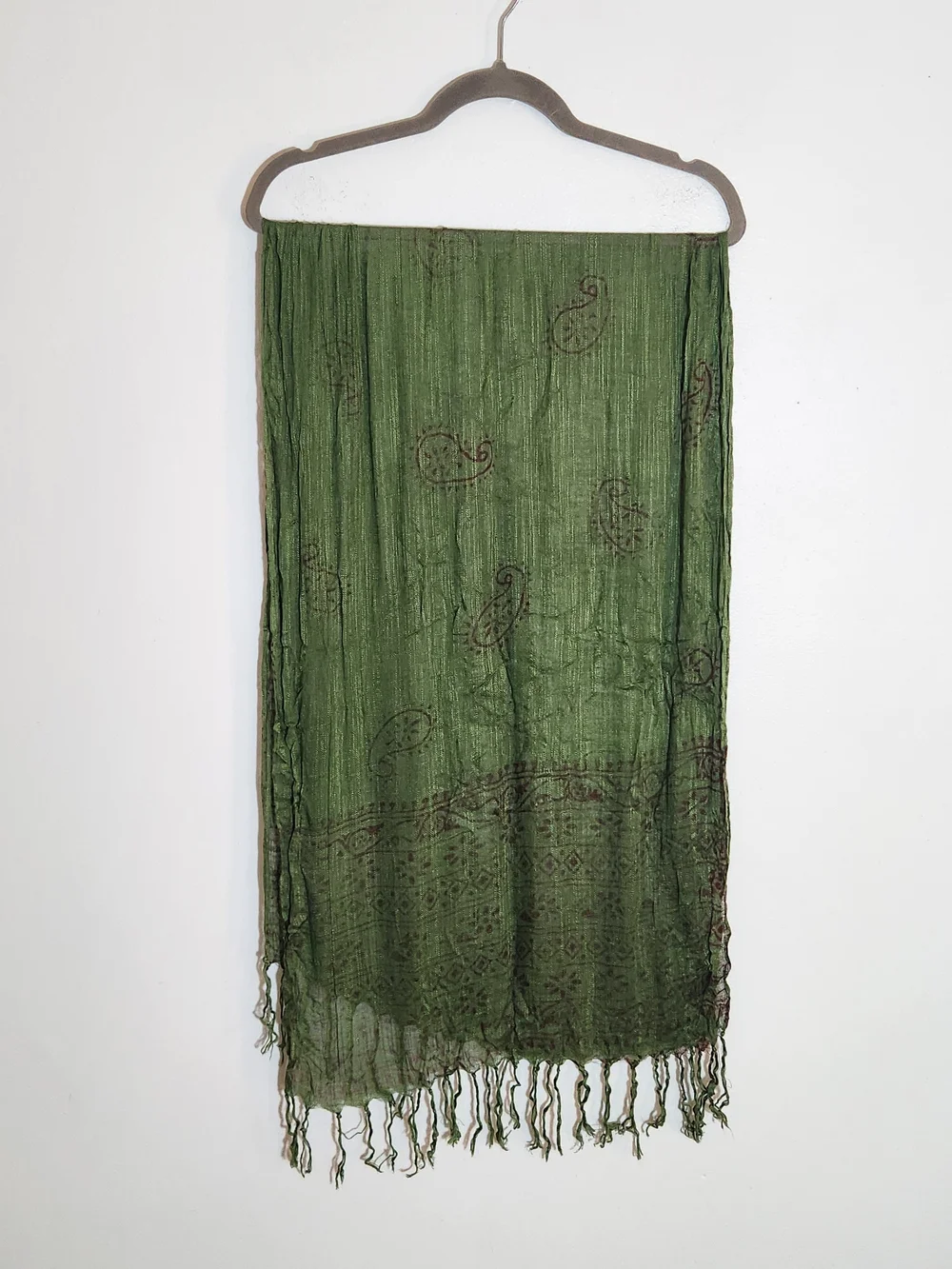 Fresh Brewed Green and Burgundy Boho Woven Scarf with Fringe Trim One Size